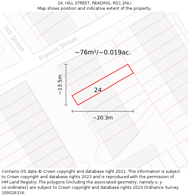 24, HILL STREET, READING, RG1 2NU: Plot and title map