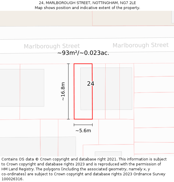 24, MARLBOROUGH STREET, NOTTINGHAM, NG7 2LE: Plot and title map