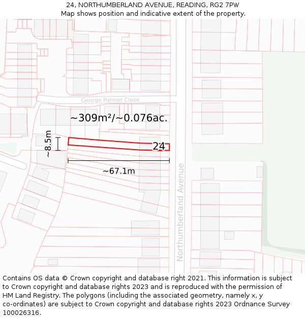 24, NORTHUMBERLAND AVENUE, READING, RG2 7PW: Plot and title map