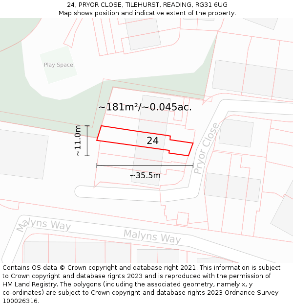 24, PRYOR CLOSE, TILEHURST, READING, RG31 6UG: Plot and title map