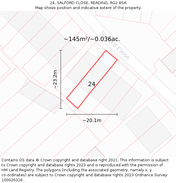 24, SALFORD CLOSE, READING, RG2 8SA: Plot and title map
