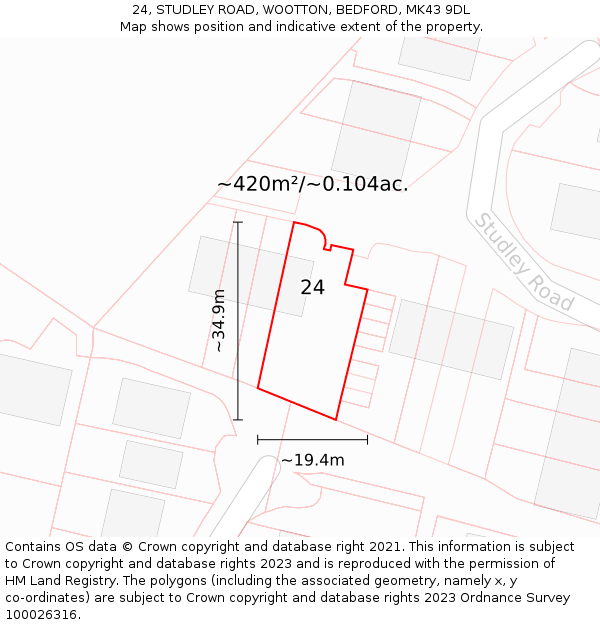 24, STUDLEY ROAD, WOOTTON, BEDFORD, MK43 9DL: Plot and title map