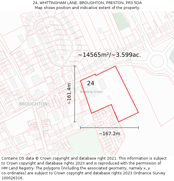 24, WHITTINGHAM LANE, BROUGHTON, PRESTON, PR3 5DA: Plot and title map