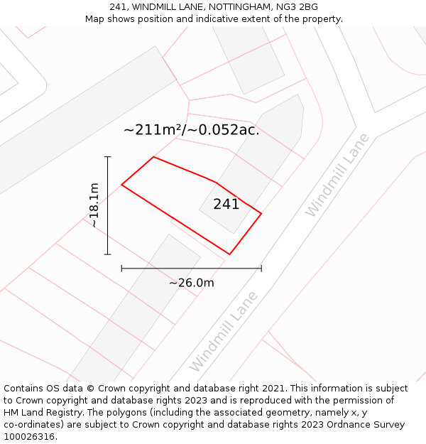 241, WINDMILL LANE, NOTTINGHAM, NG3 2BG: Plot and title map