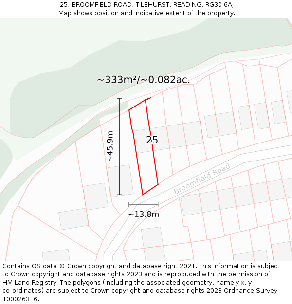 25, BROOMFIELD ROAD, TILEHURST, READING, RG30 6AJ: Plot and title map