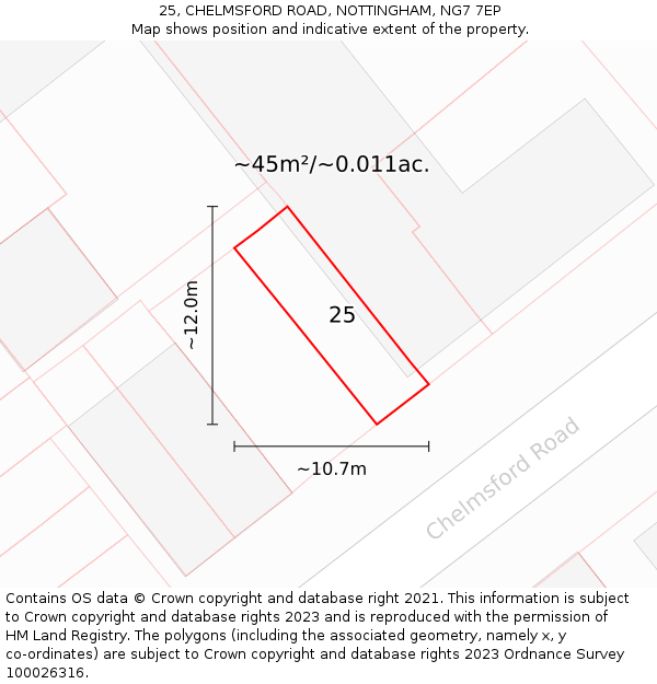 25, CHELMSFORD ROAD, NOTTINGHAM, NG7 7EP: Plot and title map