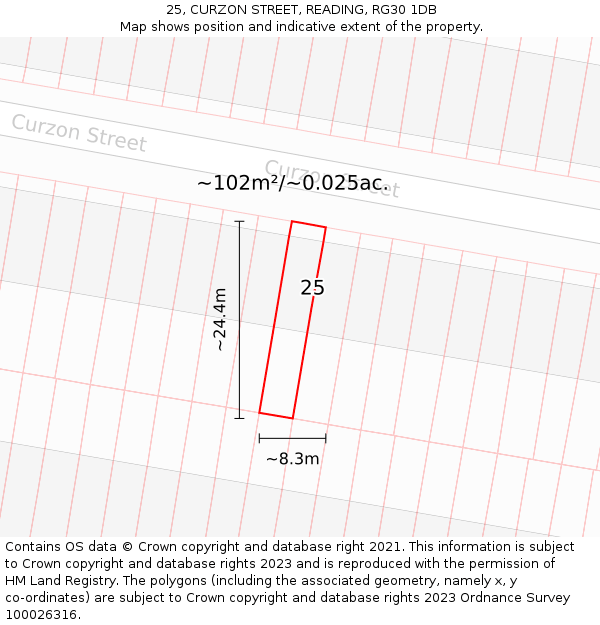 25, CURZON STREET, READING, RG30 1DB: Plot and title map