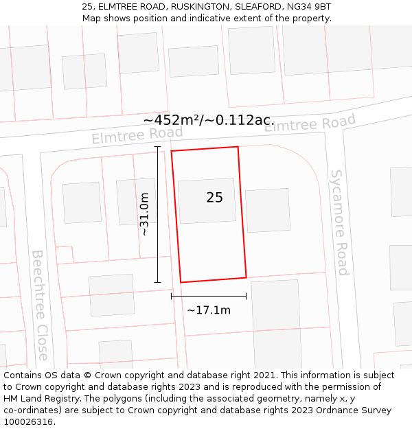 25, ELMTREE ROAD, RUSKINGTON, SLEAFORD, NG34 9BT: Plot and title map