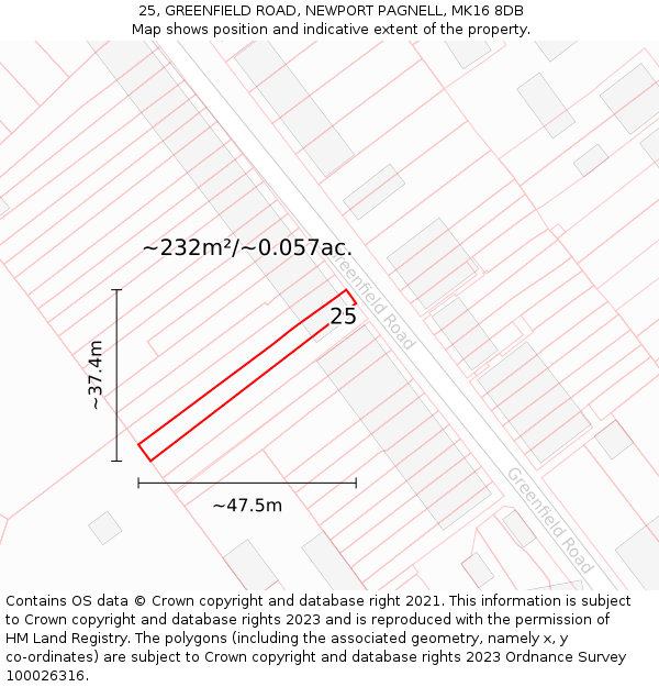 25, GREENFIELD ROAD, NEWPORT PAGNELL, MK16 8DB: Plot and title map