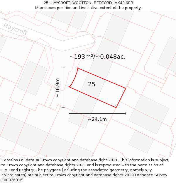 25, HAYCROFT, WOOTTON, BEDFORD, MK43 9PB: Plot and title map