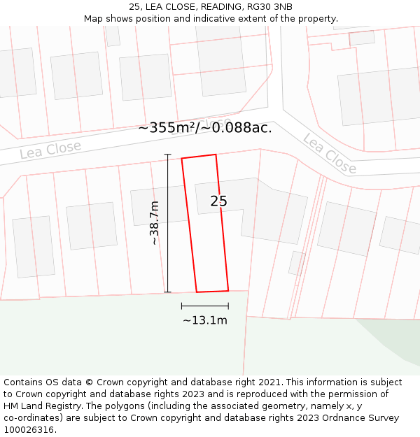 25, LEA CLOSE, READING, RG30 3NB: Plot and title map