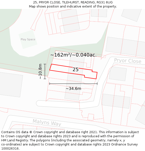 25, PRYOR CLOSE, TILEHURST, READING, RG31 6UG: Plot and title map