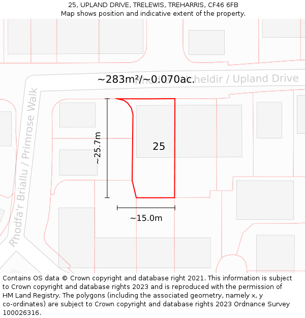 25, UPLAND DRIVE, TRELEWIS, TREHARRIS, CF46 6FB: Plot and title map