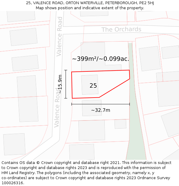 25, VALENCE ROAD, ORTON WATERVILLE, PETERBOROUGH, PE2 5HJ: Plot and title map