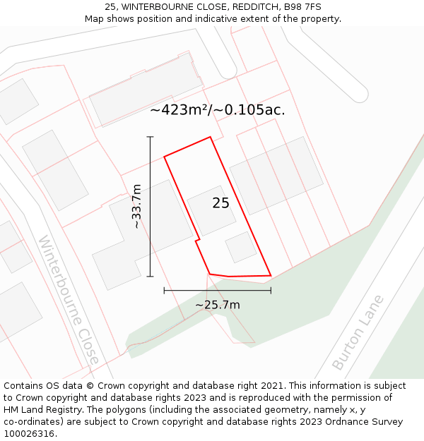 25, WINTERBOURNE CLOSE, REDDITCH, B98 7FS: Plot and title map