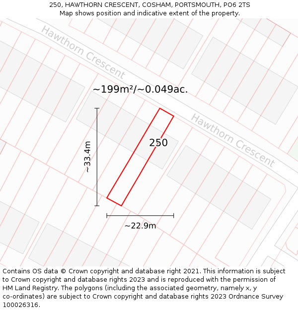 250, HAWTHORN CRESCENT, COSHAM, PORTSMOUTH, PO6 2TS: Plot and title map