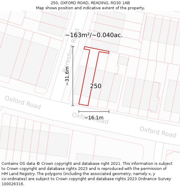 250, OXFORD ROAD, READING, RG30 1AB: Plot and title map