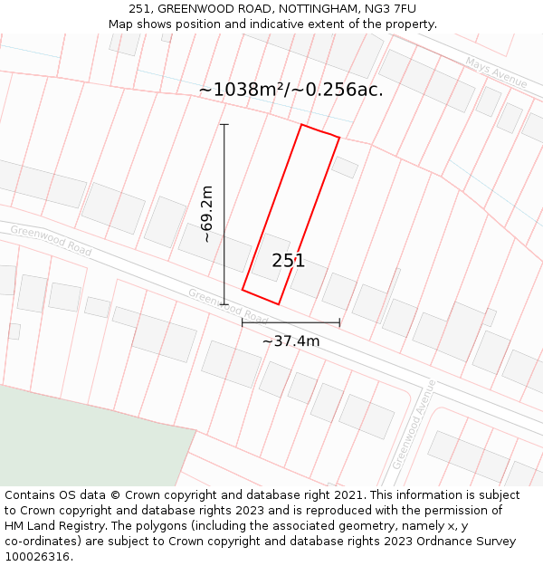 251, GREENWOOD ROAD, NOTTINGHAM, NG3 7FU: Plot and title map