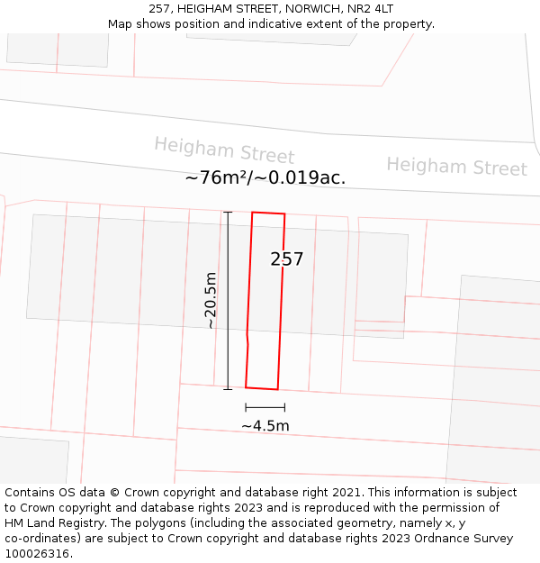 257, HEIGHAM STREET, NORWICH, NR2 4LT: Plot and title map