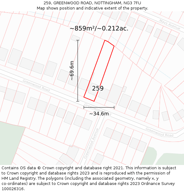 259, GREENWOOD ROAD, NOTTINGHAM, NG3 7FU: Plot and title map
