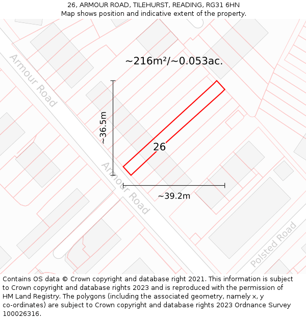 26, ARMOUR ROAD, TILEHURST, READING, RG31 6HN: Plot and title map