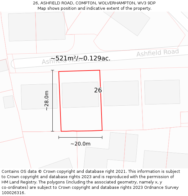 26, ASHFIELD ROAD, COMPTON, WOLVERHAMPTON, WV3 9DP: Plot and title map