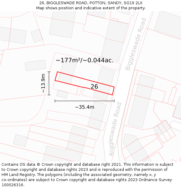 26, BIGGLESWADE ROAD, POTTON, SANDY, SG19 2LX: Plot and title map