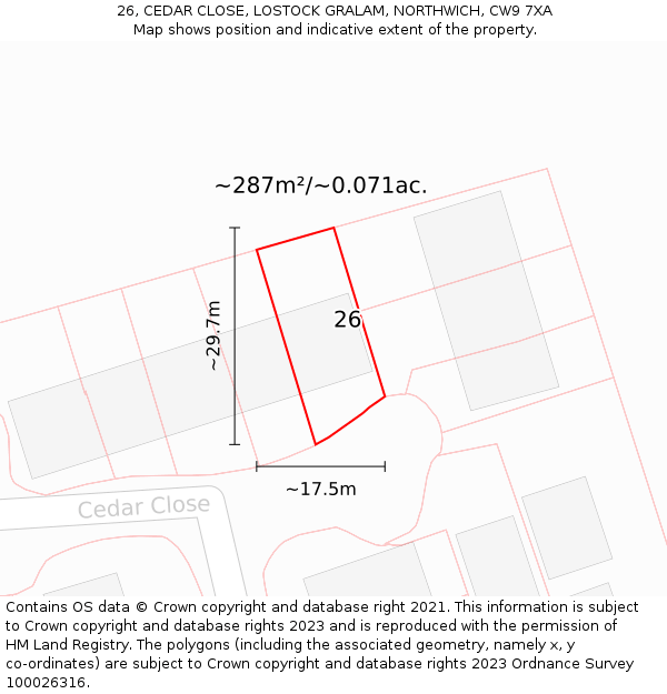 26, CEDAR CLOSE, LOSTOCK GRALAM, NORTHWICH, CW9 7XA: Plot and title map