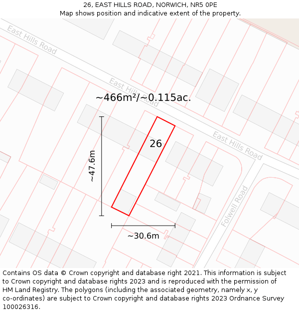 26, EAST HILLS ROAD, NORWICH, NR5 0PE: Plot and title map