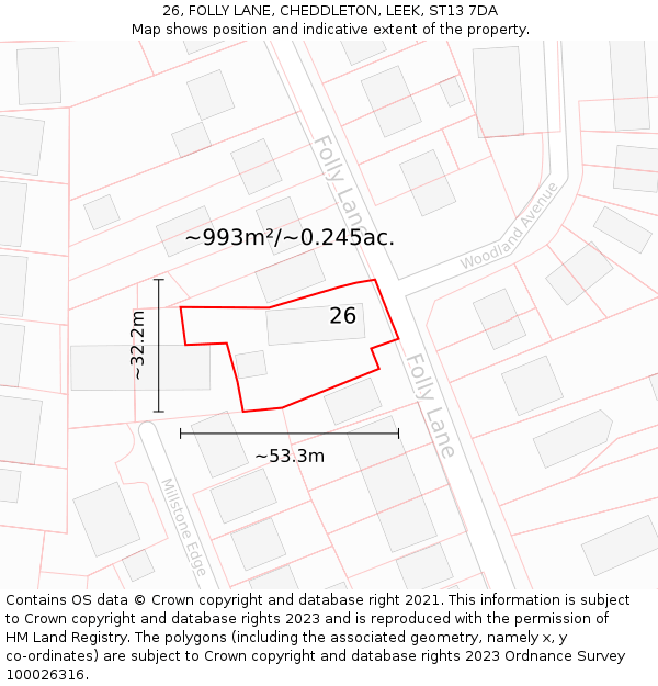 26, FOLLY LANE, CHEDDLETON, LEEK, ST13 7DA: Plot and title map
