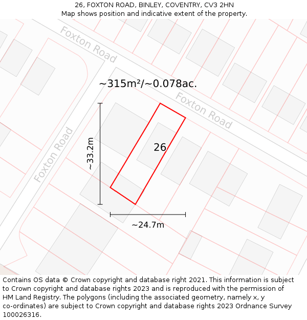 26, FOXTON ROAD, BINLEY, COVENTRY, CV3 2HN: Plot and title map
