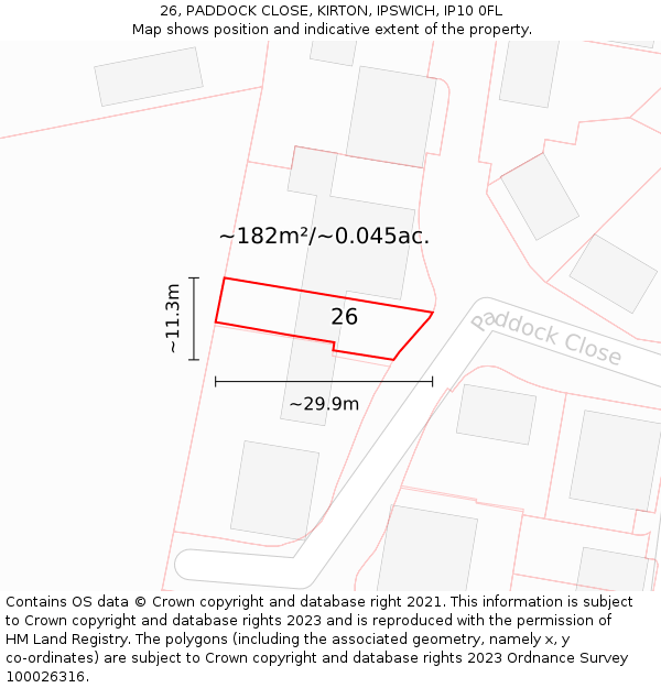 26, PADDOCK CLOSE, KIRTON, IPSWICH, IP10 0FL: Plot and title map