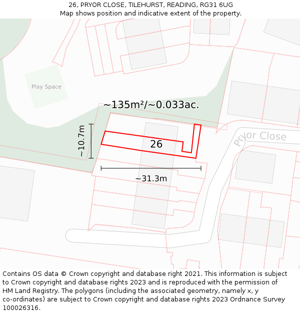 26, PRYOR CLOSE, TILEHURST, READING, RG31 6UG: Plot and title map