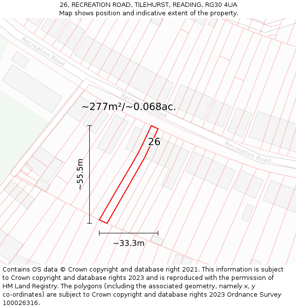 26, RECREATION ROAD, TILEHURST, READING, RG30 4UA: Plot and title map