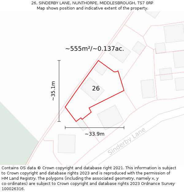 26, SINDERBY LANE, NUNTHORPE, MIDDLESBROUGH, TS7 0RP: Plot and title map