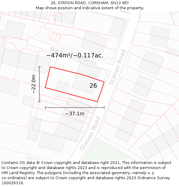 26, STATION ROAD, CORSHAM, SN13 9EY: Plot and title map