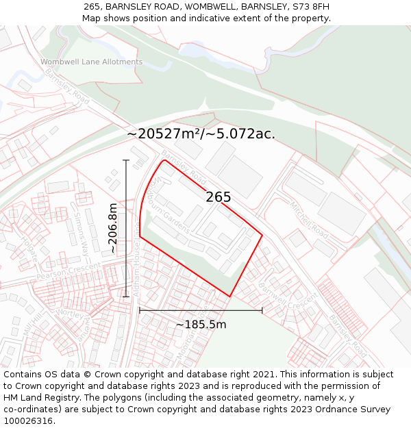 265, BARNSLEY ROAD, WOMBWELL, BARNSLEY, S73 8FH: Plot and title map