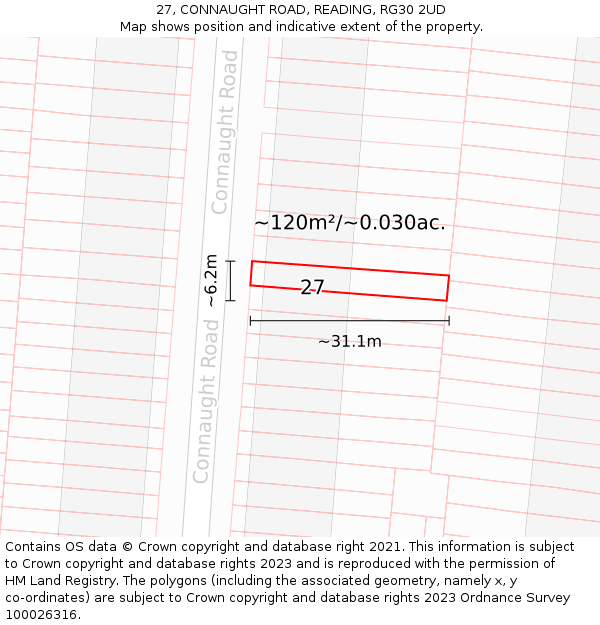 27, CONNAUGHT ROAD, READING, RG30 2UD: Plot and title map