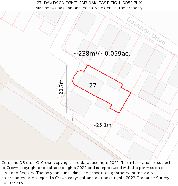 27, DAVIDSON DRIVE, FAIR OAK, EASTLEIGH, SO50 7HX: Plot and title map