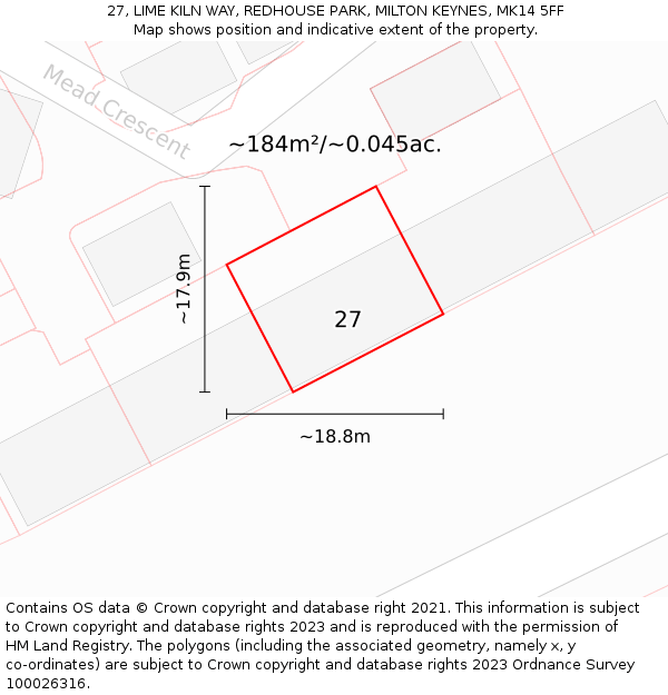 27, LIME KILN WAY, REDHOUSE PARK, MILTON KEYNES, MK14 5FF: Plot and title map