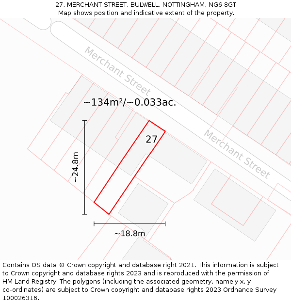 27, MERCHANT STREET, BULWELL, NOTTINGHAM, NG6 8GT: Plot and title map