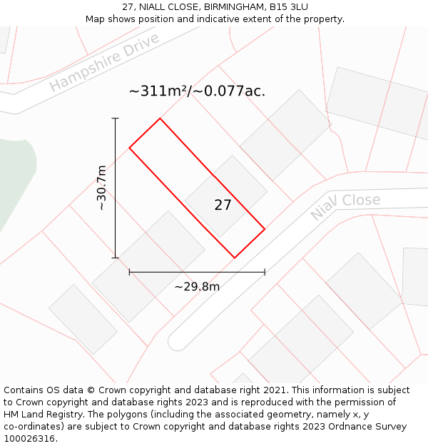 27, NIALL CLOSE, BIRMINGHAM, B15 3LU: Plot and title map