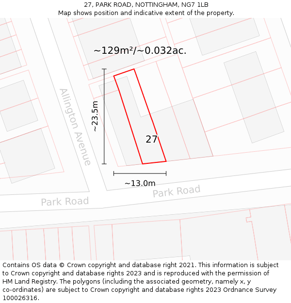 27, PARK ROAD, NOTTINGHAM, NG7 1LB: Plot and title map