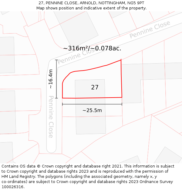 27, PENNINE CLOSE, ARNOLD, NOTTINGHAM, NG5 9PT: Plot and title map