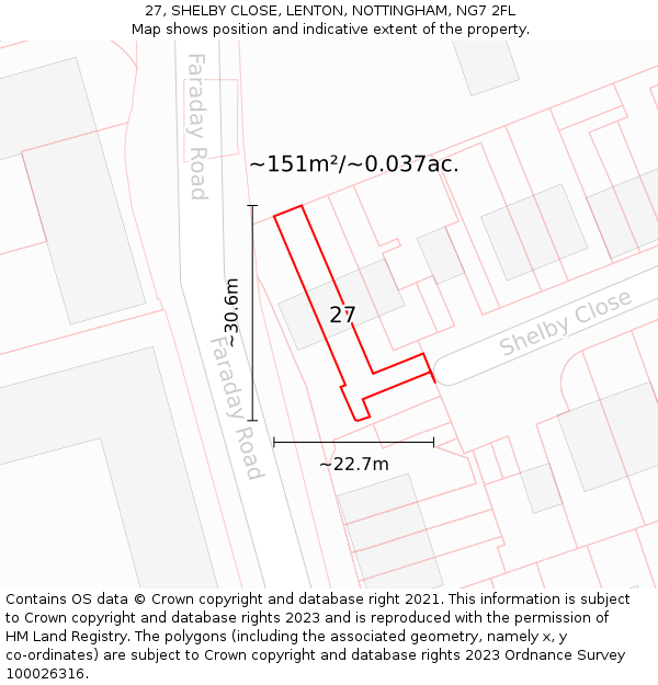27, SHELBY CLOSE, LENTON, NOTTINGHAM, NG7 2FL: Plot and title map