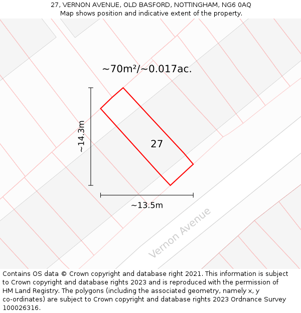 27, VERNON AVENUE, OLD BASFORD, NOTTINGHAM, NG6 0AQ: Plot and title map