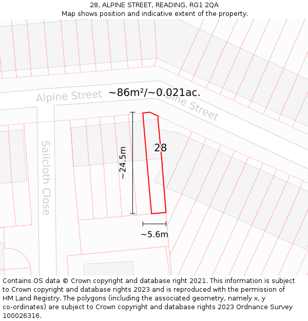 28, ALPINE STREET, READING, RG1 2QA: Plot and title map