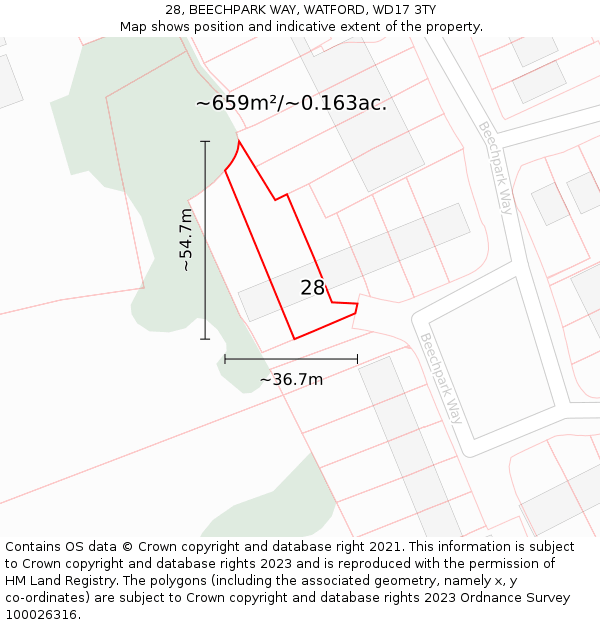 28, BEECHPARK WAY, WATFORD, WD17 3TY: Plot and title map