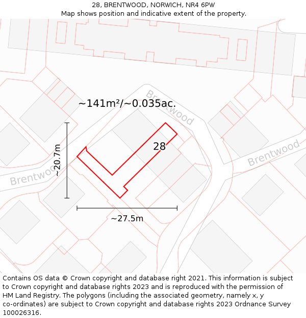 28, BRENTWOOD, NORWICH, NR4 6PW: Plot and title map