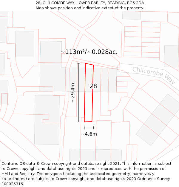 28, CHILCOMBE WAY, LOWER EARLEY, READING, RG6 3DA: Plot and title map